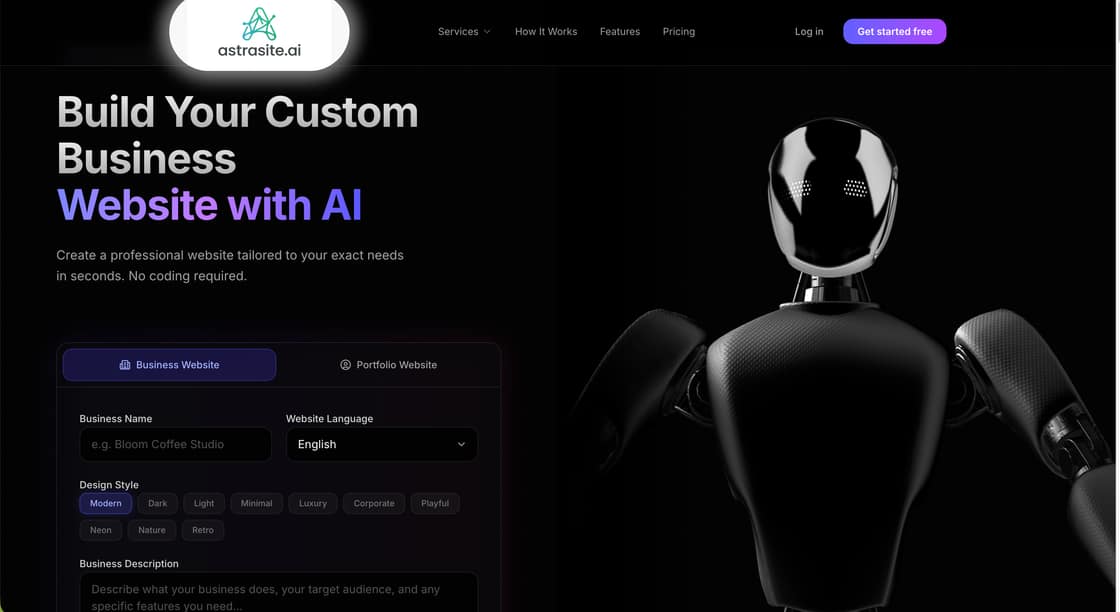 AstraSite — home page and site builder