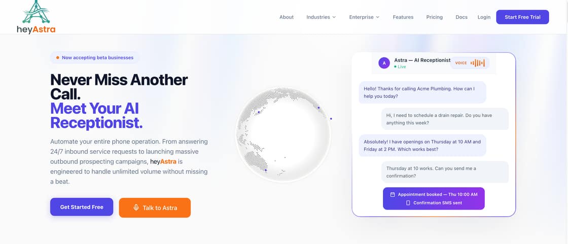 heyAstra — home page and call handling